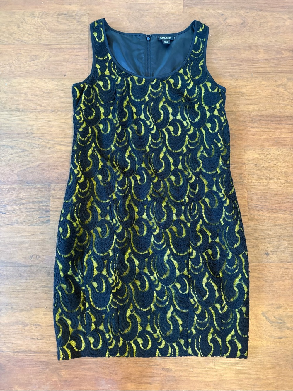 DKNY Black and Lime Green Lace-Overlay Sheath Dress